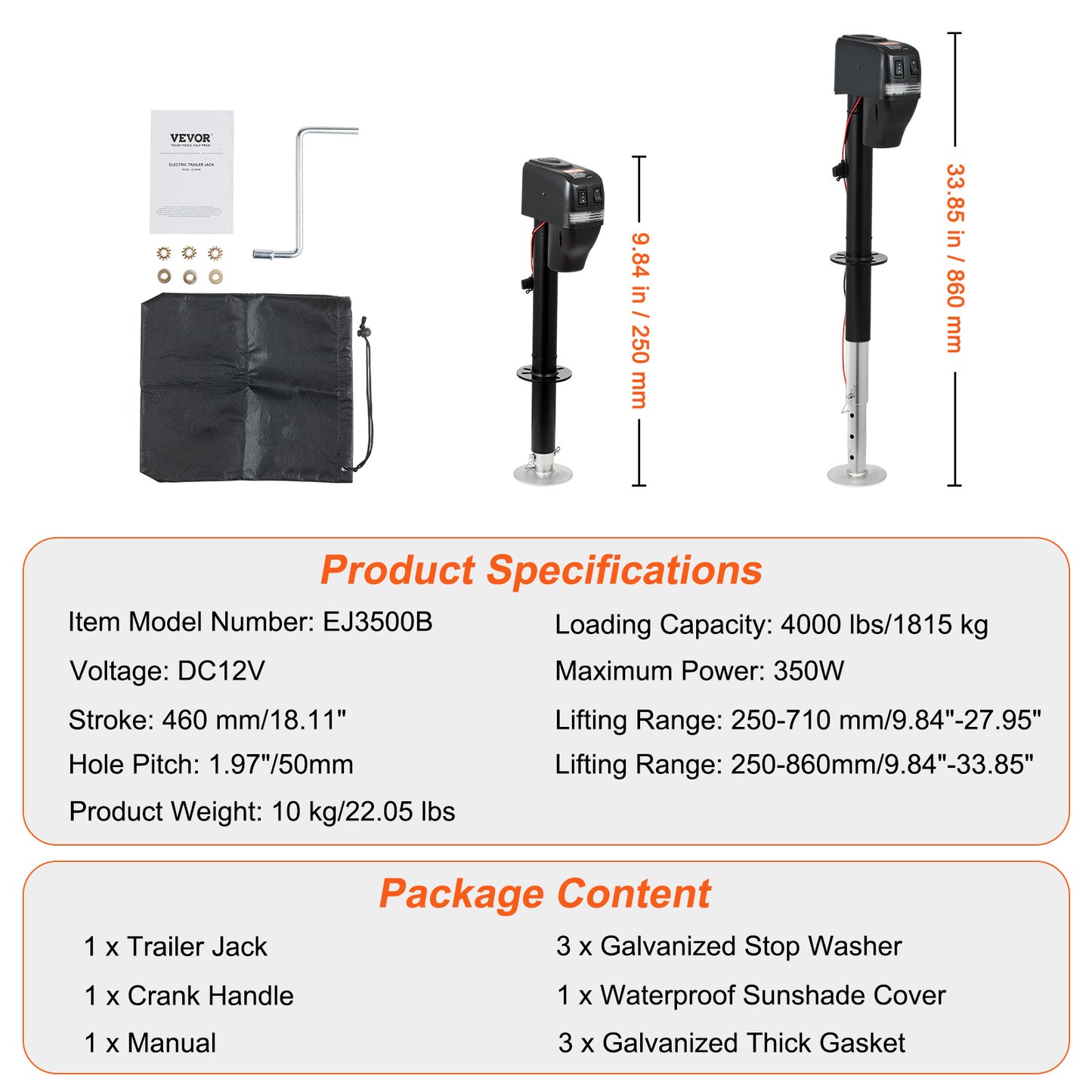 VEVOR 4000 lbs Electric Trailer Tongue Jack | 9.84"-33.85" Travel, Waterproof Cover, RV & Utility Trailer