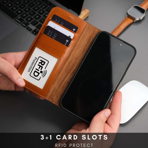 Leather MagSafe Wallet Case for iPhone 16 Pro – Full-Grain with RFID Blocking