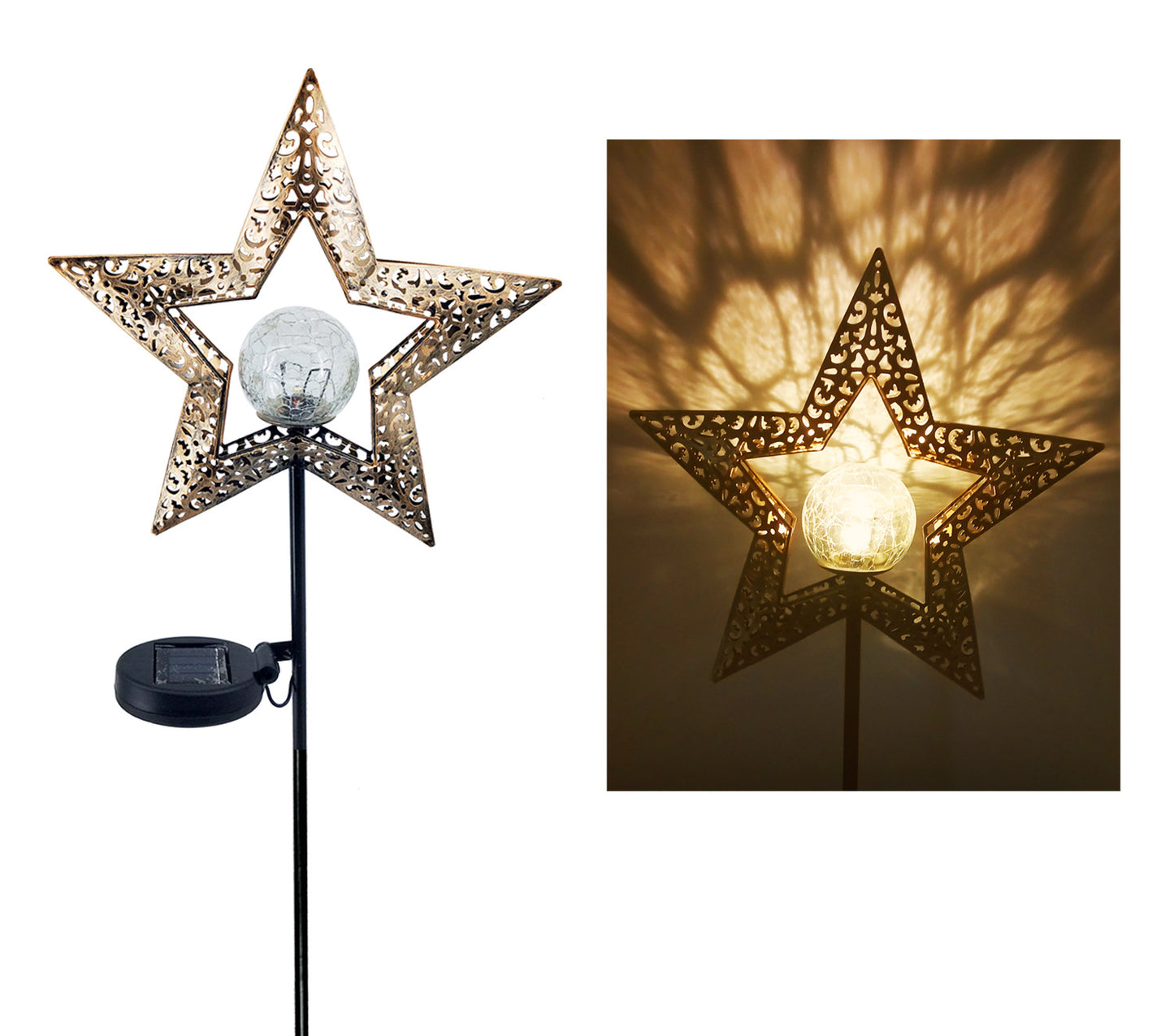 Solar Iron & Glass Garden Stake Light | IP55 | 0.5W Warm White LED | 6–8hr Runtime | 100,000h | 78×17×6cm | 2V Solar | 600mAh | Cutout, Flame, Star, Sun & White | Pathway & Garden Decor