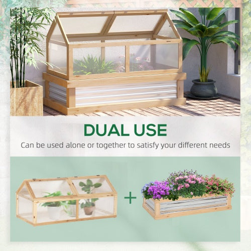 Outsunny 48"x24"x32" Raised Garden Bed with Cold Frame Greenhouse | Polycarbonate, Solid Fir Wood, Natural