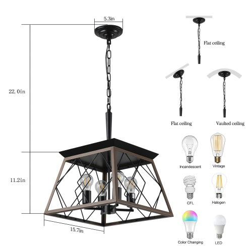 Farmhouse Vintage Antique Iron 4-Light Chandelier | Walnut & Black, Adjustable Chain, E26, 15.7" x 15.7", No Bulb
