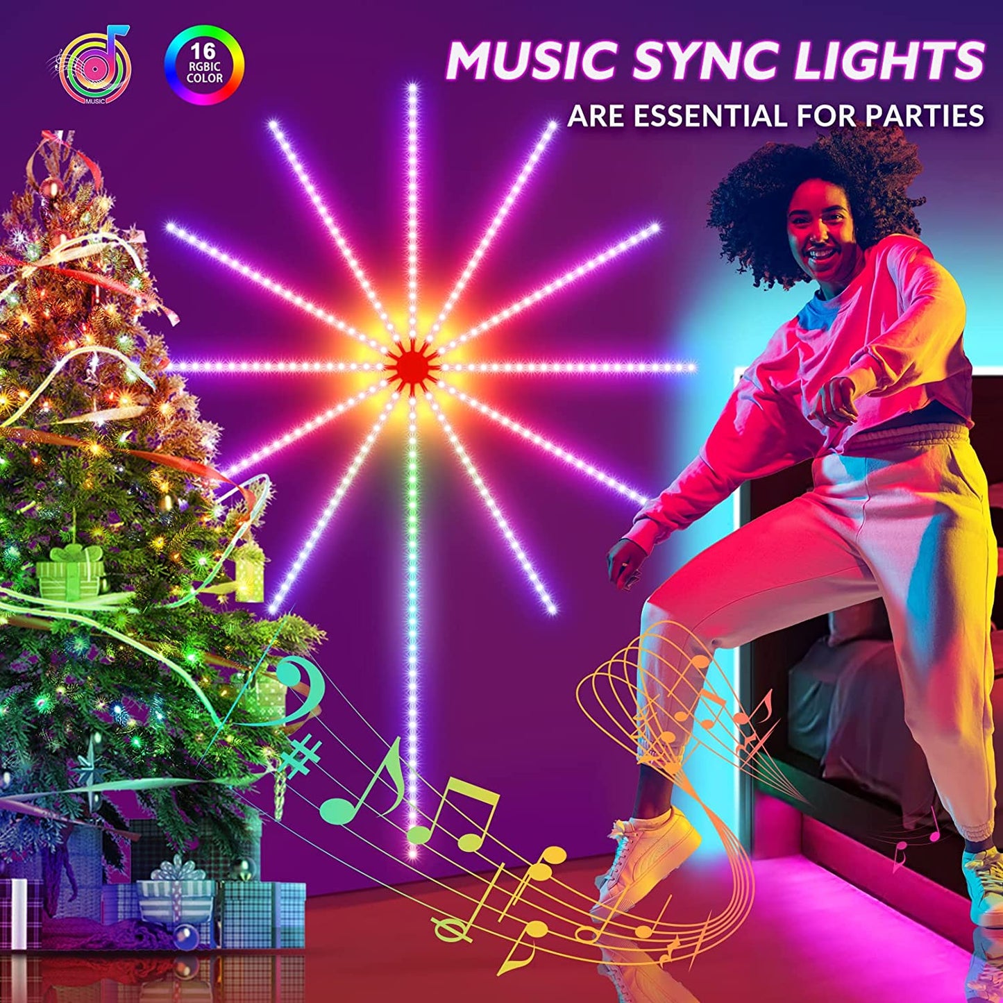 Firework LED Strip Light | Music & Mic Sync | Bluetooth App & Remote | SMD5050 RGB | USB | Small & Big | Room, Party & Gaming