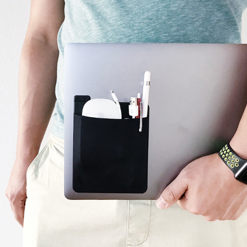 Self-Adhesive Laptop Back Storage Bag | Elastic Lycra | Pen Loop | 15×12cm | Laptop & Tablet | Black