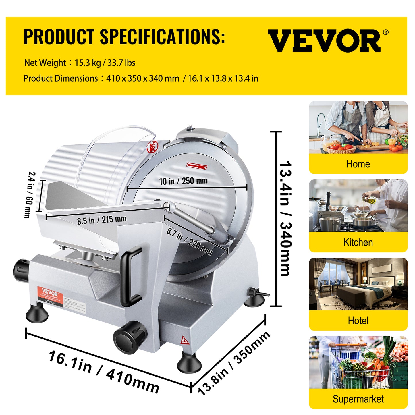 VEVOR 240W Electric Meat Slicer | 10" Carbon Steel Blade, 350-400 RPM, 0-0.47" Adjustable, Commercial & Home