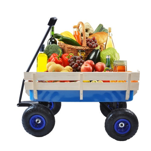 All-Terrain Garden Wagon Cart | 176 lbs, Wood Railing, 10" Air Tires, Foldable Handle, Blue/Pink/Red