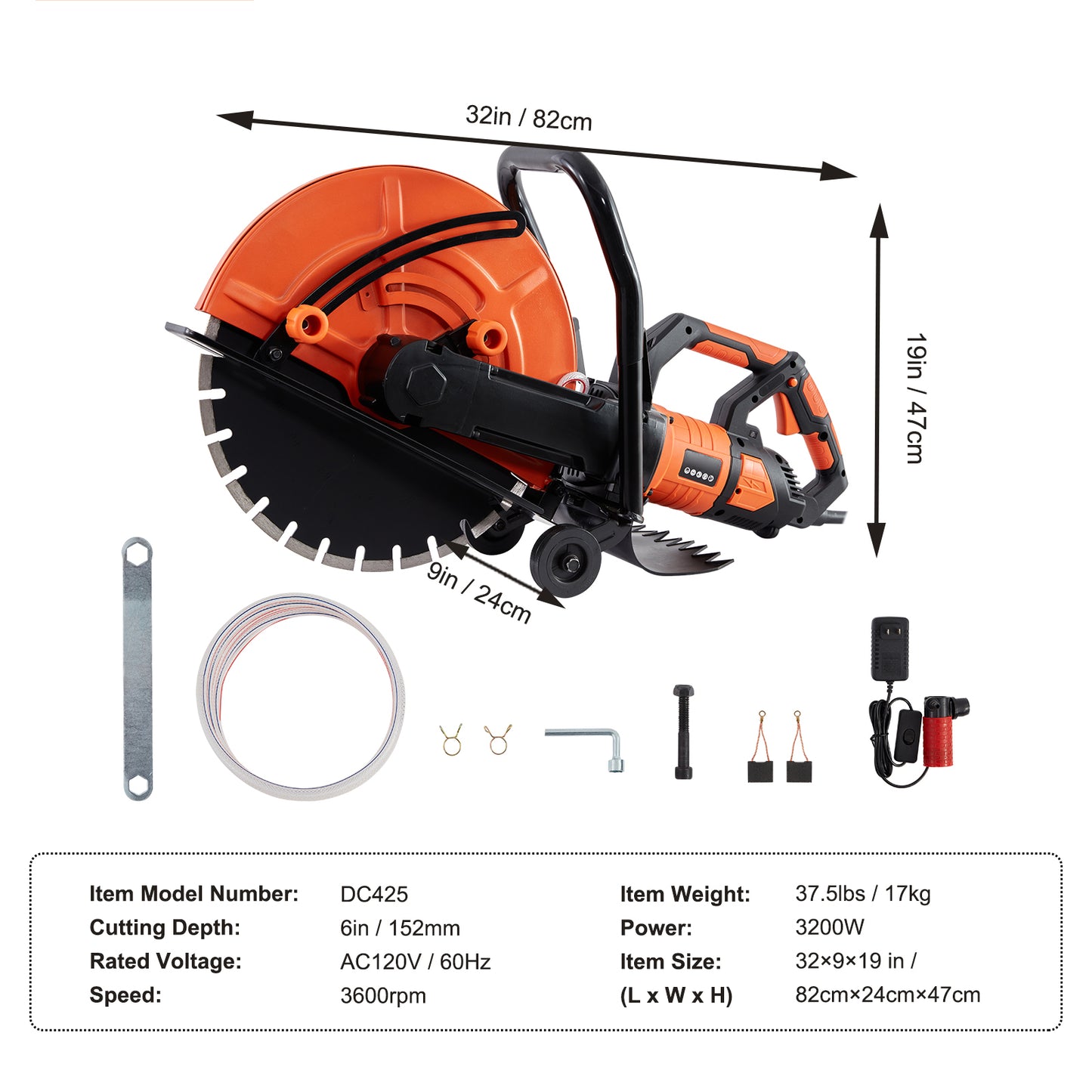 VEVOR 16" Electric Concrete Circular Saw | 3200W, 15A, 6" Cutting Depth, Wet Saw, Water Pump & Blade Included