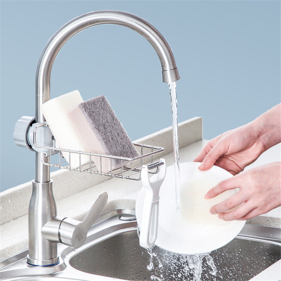 Clip-On Sink Faucet Sponge & Utensil Holder | No Drill | 17.5×9.5×11.5cm | 2-in-1 Detachable Hook | Adjustable Clamp | 201 SS, 304 SS, Black & White Iron | Kitchen & Bathroom