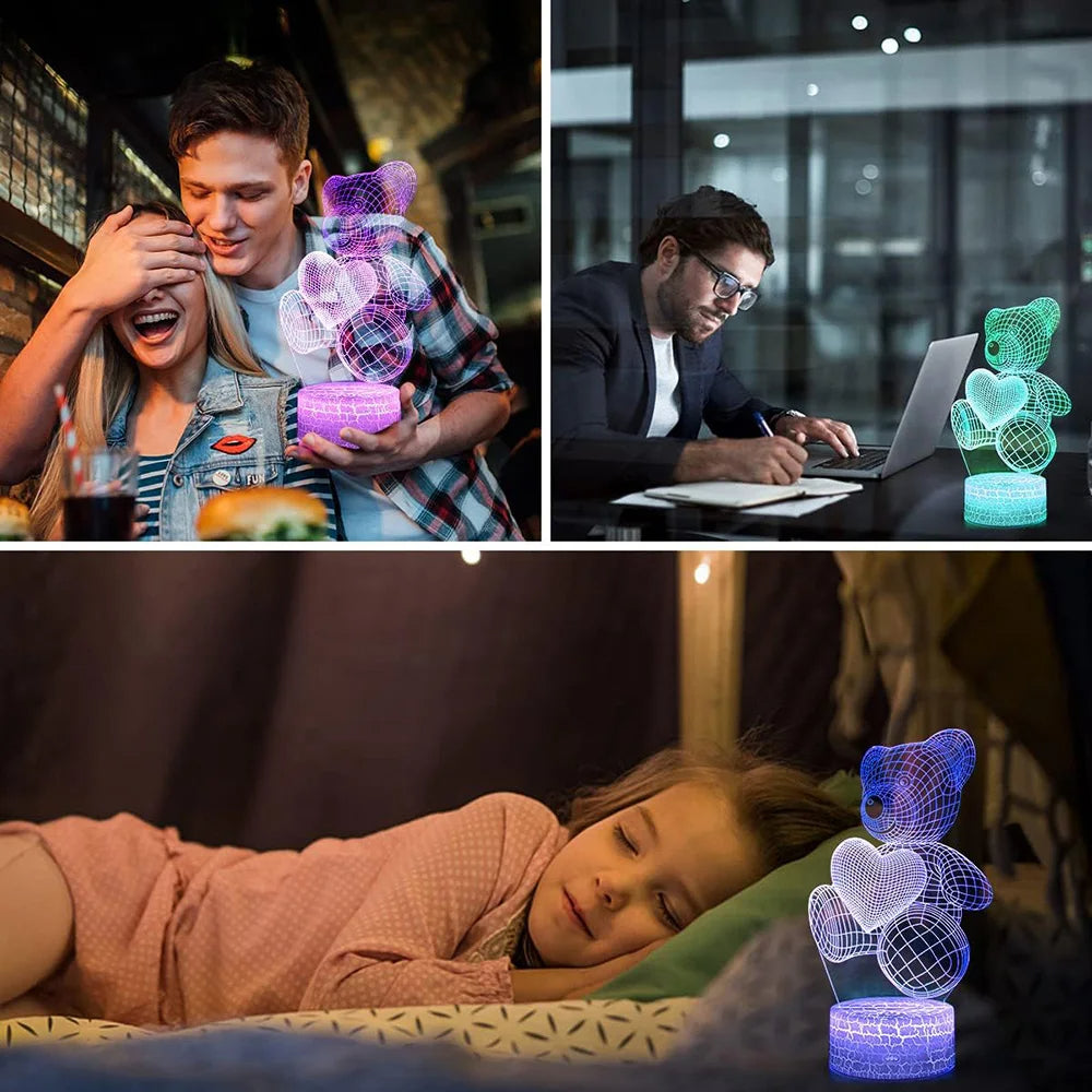 3D Acrylic LED Teddy Bear Night Light | 16 RGB | Remote & Touch | USB & Battery | 85×85×37mm | 100,000hr | Bedroom, Kids & Gift | Christmas, Birthday & Valentine’s
