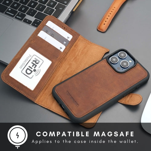 Leather MagSafe Wallet Case for iPhone 16 Pro – Full-Grain with RFID Blocking