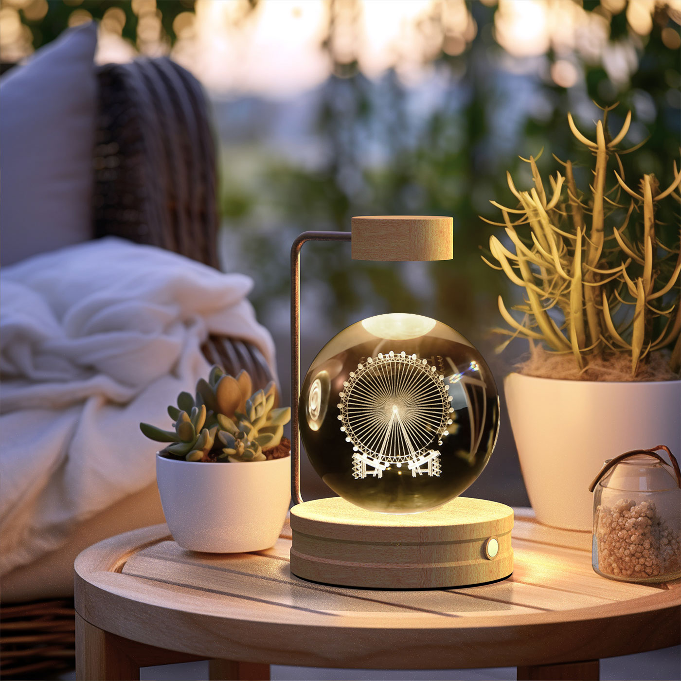 3D Crystal Glass LED Night Light | Touch Switch | USB Rechargeable | Walnut Wood Base | 27 Designs | Dark & Light Wood | Bedroom, Gift & Home Decor