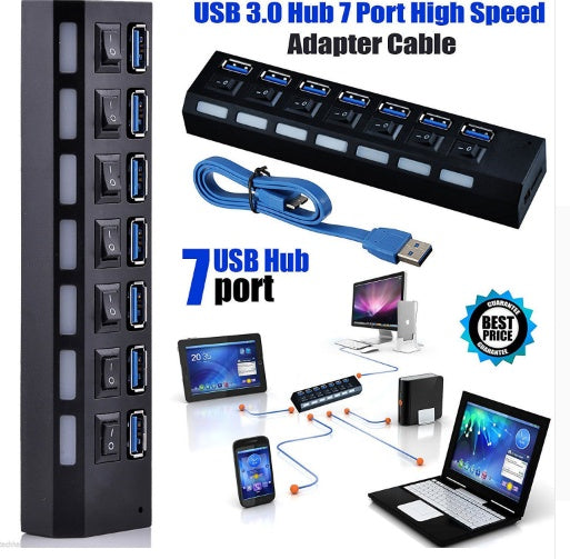 7-Port USB 3.0 Powered Hub | 5Gbps SuperSpeed | Per-Port LED | Overload Protection | US/EU Plug