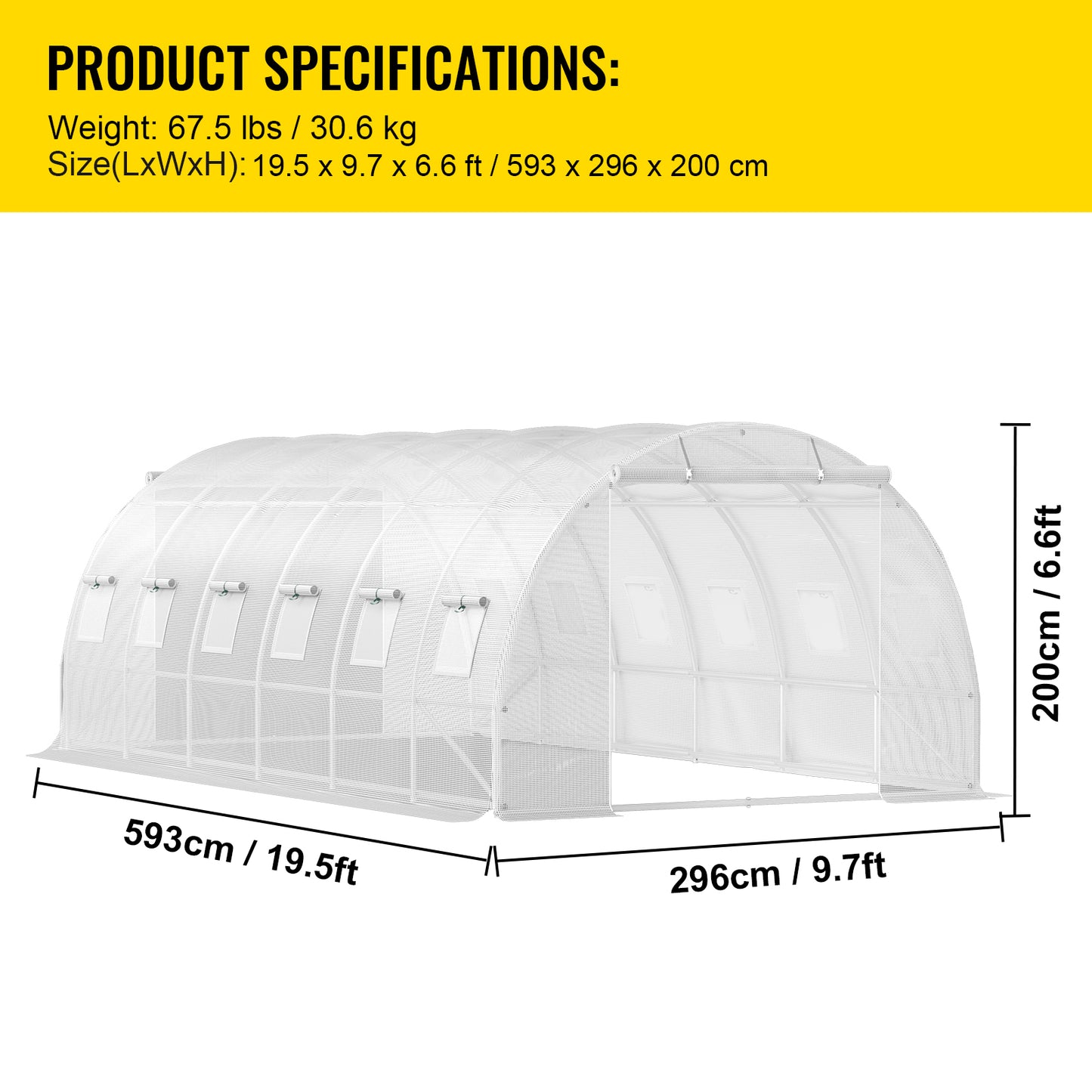 VEVOR 20'×10'×7' Walk-In Tunnel Greenhouse | Galvanized Steel, 12 Roll-Up Windows, 2 Zippered Doors, White