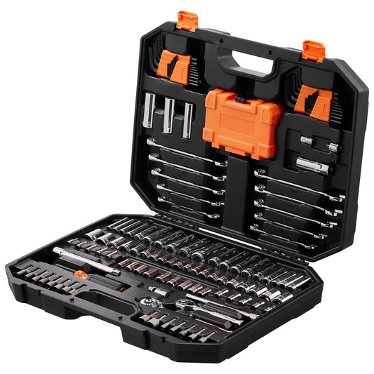 VEVOR 145-Piece Mechanics Tool Set | 1/4" & 3/8" Drive SAE & Metric Sockets, Wrenches & Storage Case