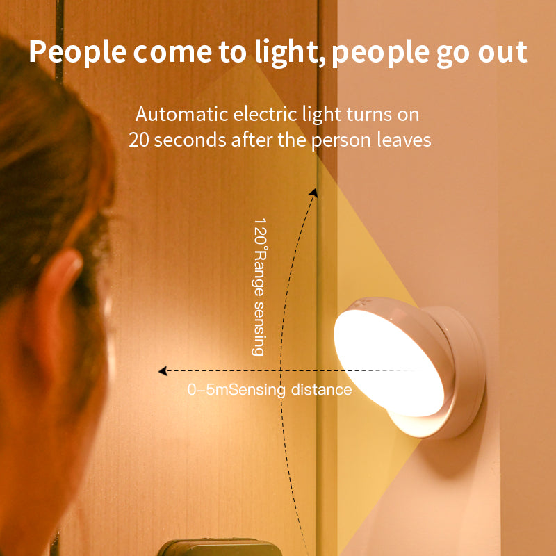 Rotating PIR Motion Sensor Night Light | USB Rechargeable | 120° | 3–5m | ON/OFF/AUTO | 83×83×56mm | ABS | Corridor, Wardrobe, Garage & Stairway | White & Yellow Light