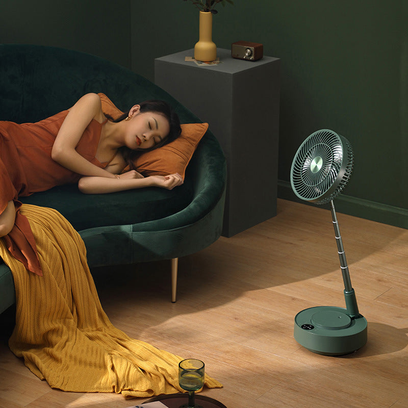 Model 908 Telescopic Foldable Rechargeable Floor & Desktop Fan | 5-Speed, Magnetic Remote, Optional Humidifier, Green & White