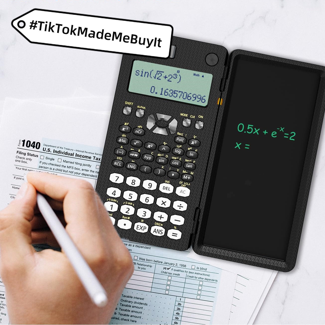 2-in-1 Foldable Scientific Calculator & LCD Writing Tablet | Reusable Notepad | Eye-Care Screen | MS349, ES417 & CNX498 | English & Chinese