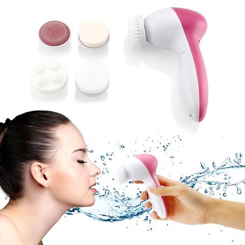 Electric Facial Cleansing Brush & Massager | 2-Speed | 5 Attachments | 2×AA Battery | 130×70×48mm | Exfoliate, Cleanse & Massage | Blue & Pink | 1pc, 2pc & 3pc