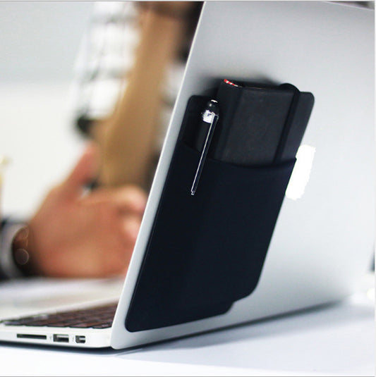 Self-Adhesive Laptop Back Storage Bag | Elastic Lycra | Pen Loop | 15×12cm | Laptop & Tablet | Black