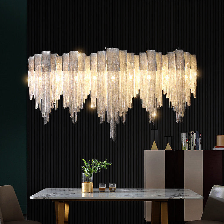 D6303 Nordic Minimalist Aluminium Tassel Chain LED Chandelier | 5 Sizes 90-210cm, Tricolor Dimming, Silver, 111-240V
