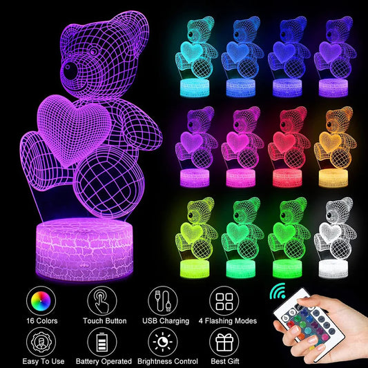 3D Acrylic LED Teddy Bear Night Light | 16 RGB | Remote & Touch | USB & Battery | 85×85×37mm | 100,000hr | Bedroom, Kids & Gift | Christmas, Birthday & Valentine’s