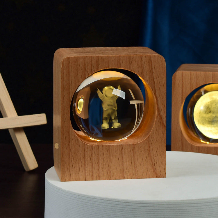 3D Laser-Engraved Crystal Ball Night Light | 6cm | Beech Base | USB & Built-In Battery | Stepless Dimming | Touch Switch | 8 Designs | Bedroom, Desk & Gift Decor