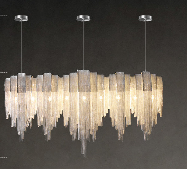 D6303 Nordic Minimalist Aluminium Tassel Chain LED Chandelier | 5 Sizes 90-210cm, Tricolor Dimming, Silver, 111-240V