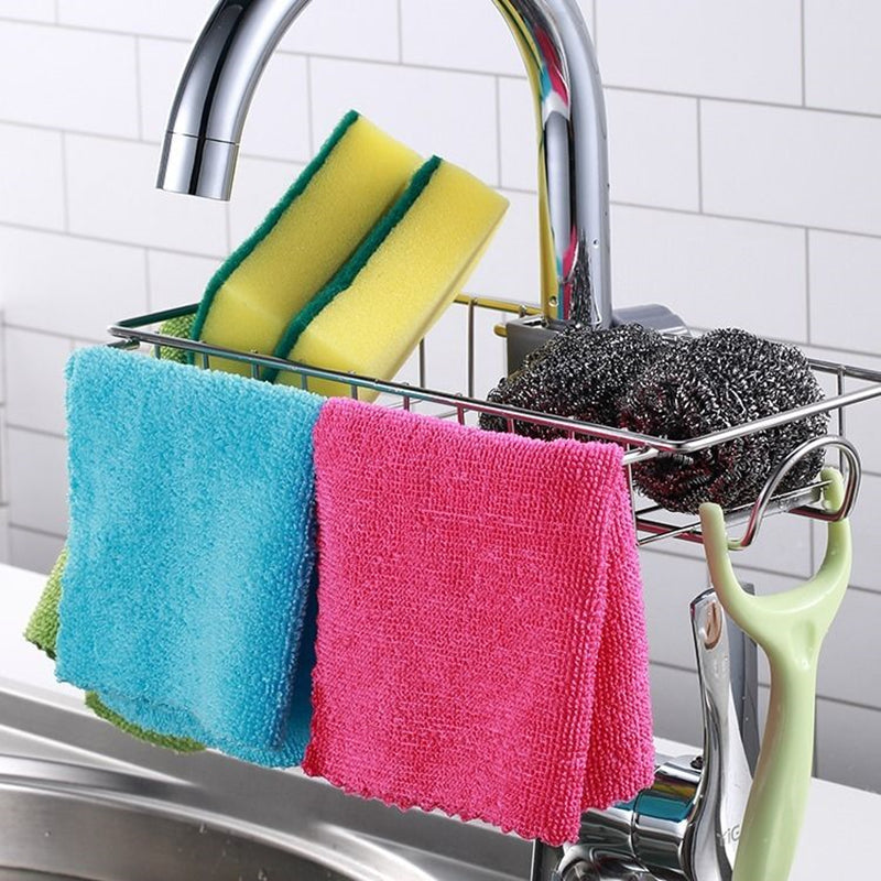 Clip-On Sink Faucet Sponge & Utensil Holder | No Drill | 17.5×9.5×11.5cm | 2-in-1 Detachable Hook | Adjustable Clamp | 201 SS, 304 SS, Black & White Iron | Kitchen & Bathroom