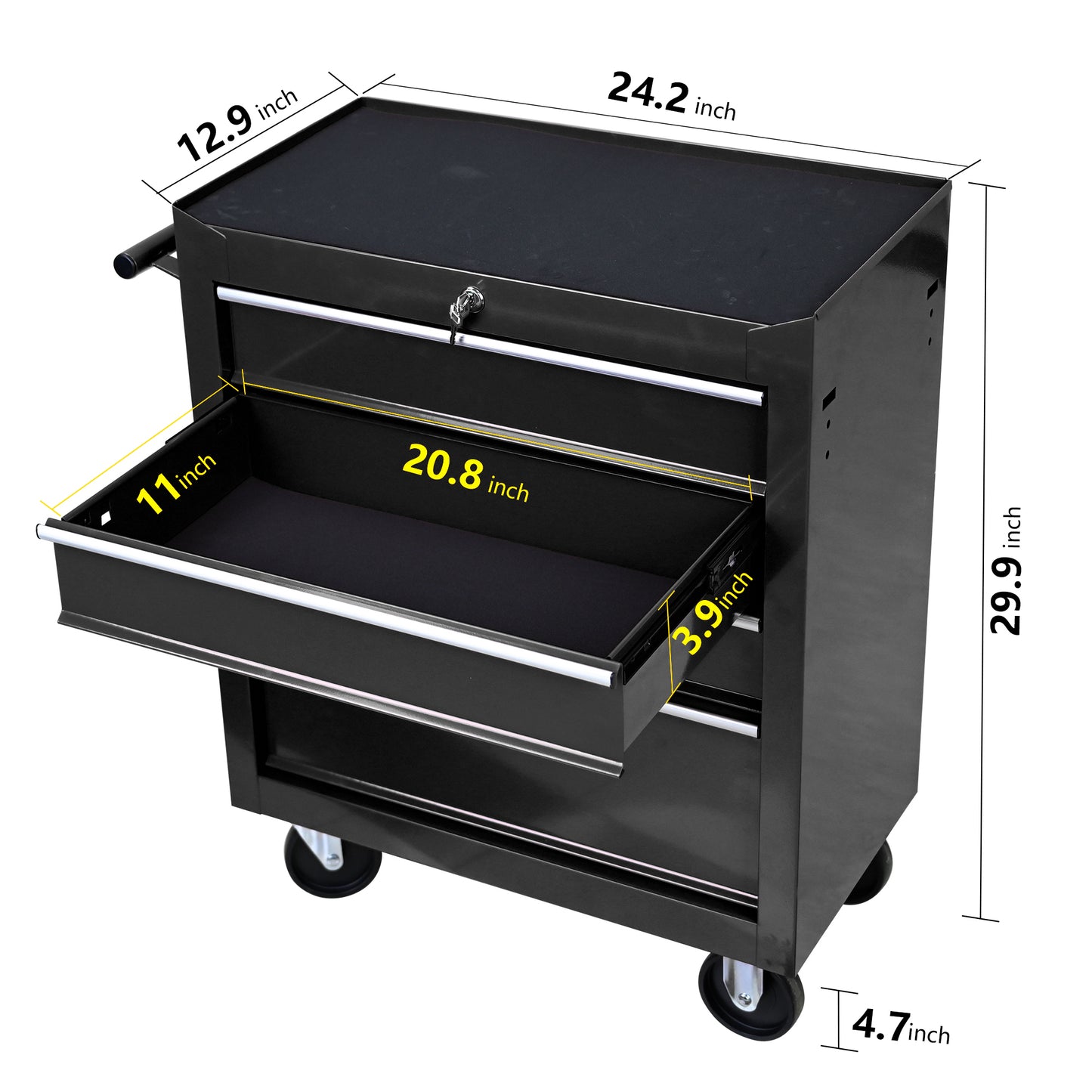 4-Drawer Multifunctional Tool Cart with Wheels | Lockable, Ball-Bearing Drawers, Powder-Coated Steel, Black
