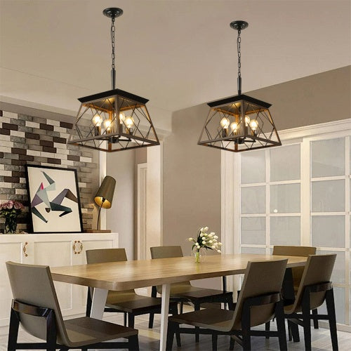 Farmhouse Vintage Antique Iron 4-Light Chandelier | Walnut & Black, Adjustable Chain, E26, 15.7" x 15.7", No Bulb