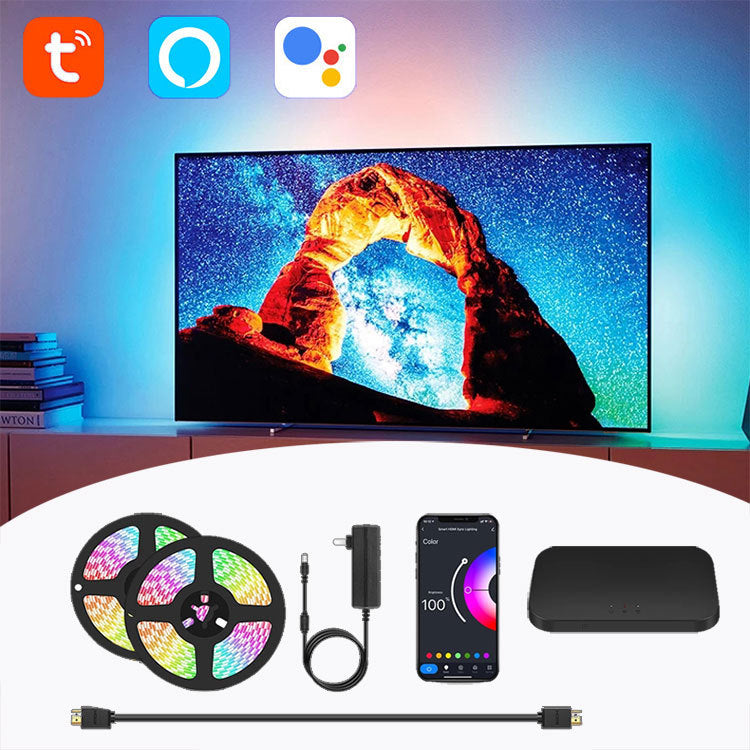 TV Sync Ambient LED Bias Lighting Strip Kit | HDMI Sync Box, 60 LEDs/m, 7 Sizes 17"-150", EU & US Plug