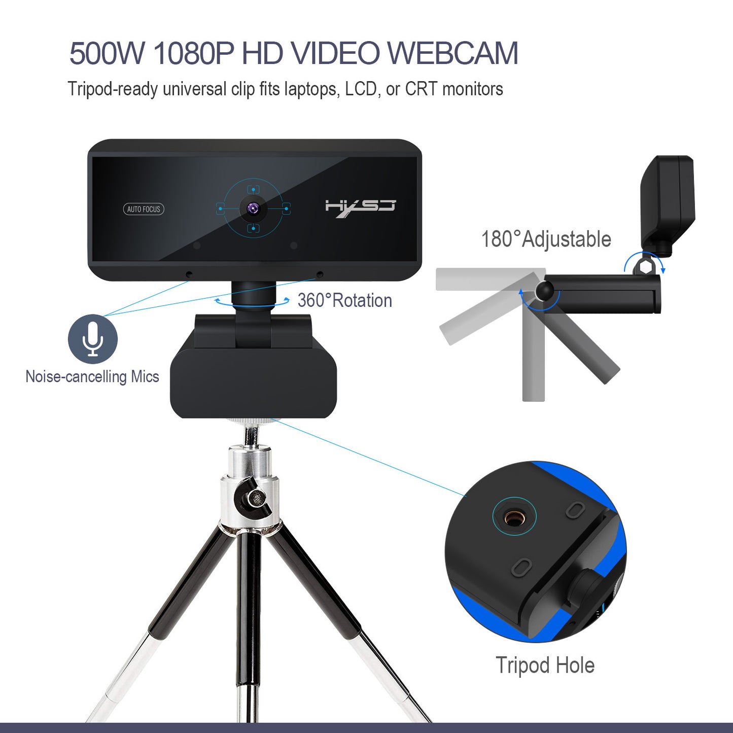 5MP USB Desktop Webcam | Autofocus | 2592×1944 | 30FPS | Driver-Free | 1.7m Cable | Black
