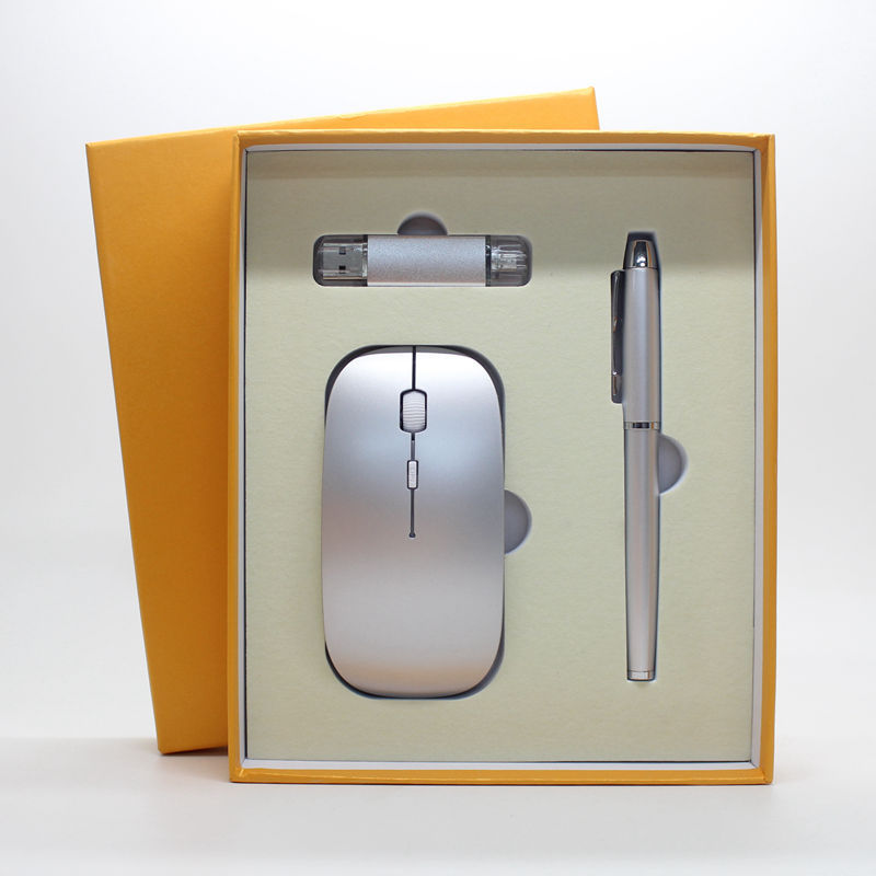 3-in-1 Office Gift Set | Slim Wireless Mouse + USB Flash Drive + Pen | 9 Colors | Custom Logo