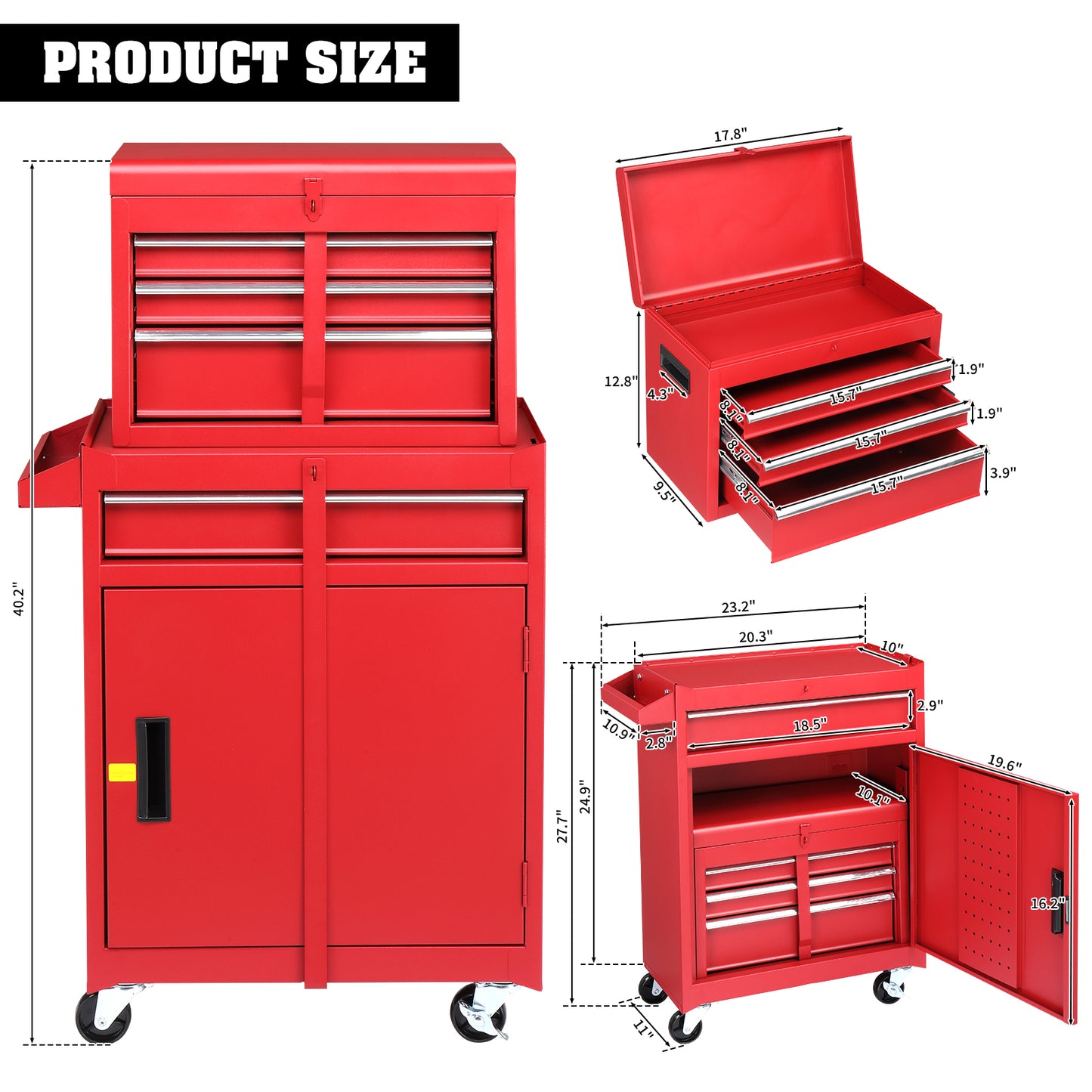 4-Drawer Lockable Steel Tool Cart & Cabinet Combo | 330 lbs, Rolling, 102cm Combined Height, Red