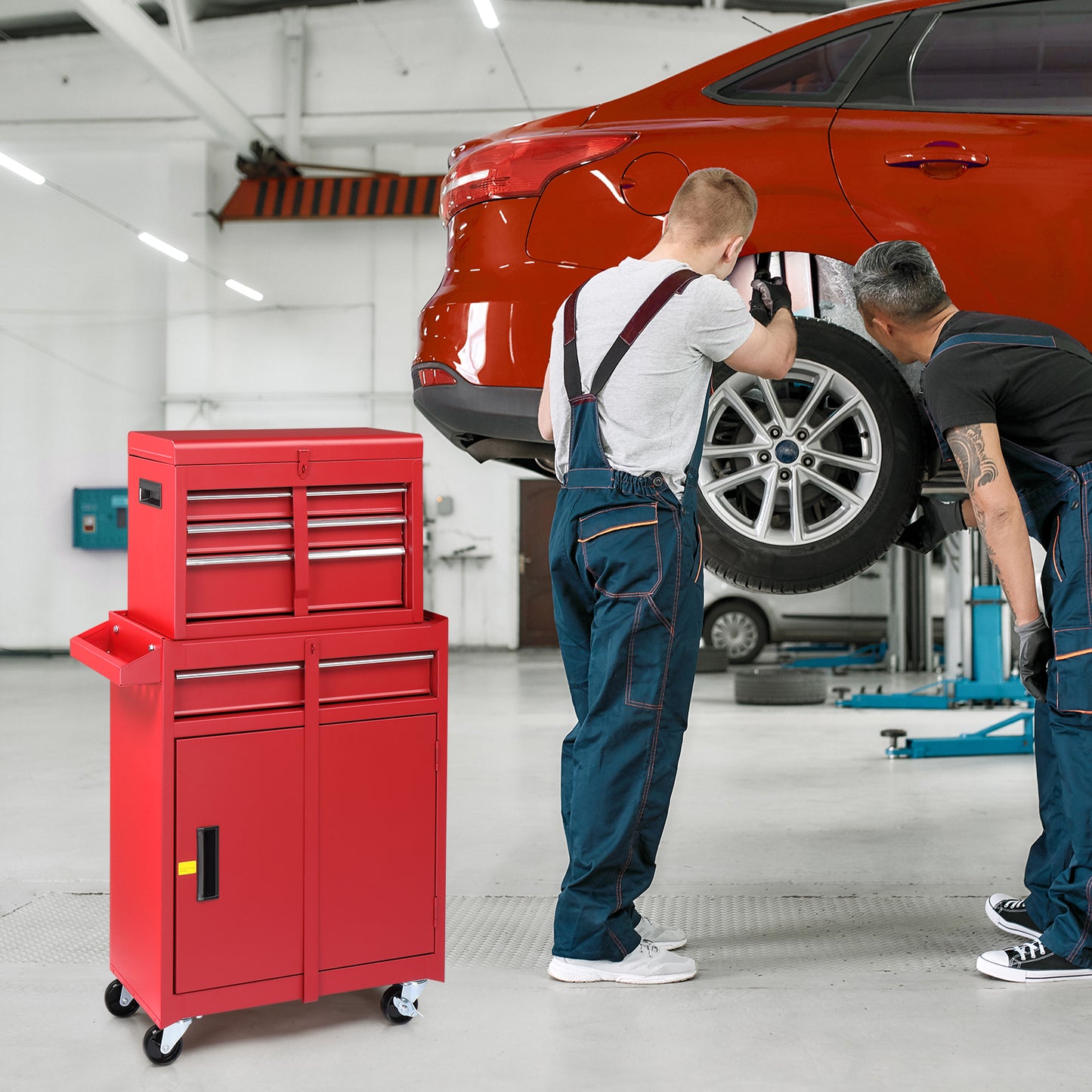 4-Drawer Lockable Steel Tool Cart & Cabinet Combo | 330 lbs, Rolling, 102cm Combined Height, Red