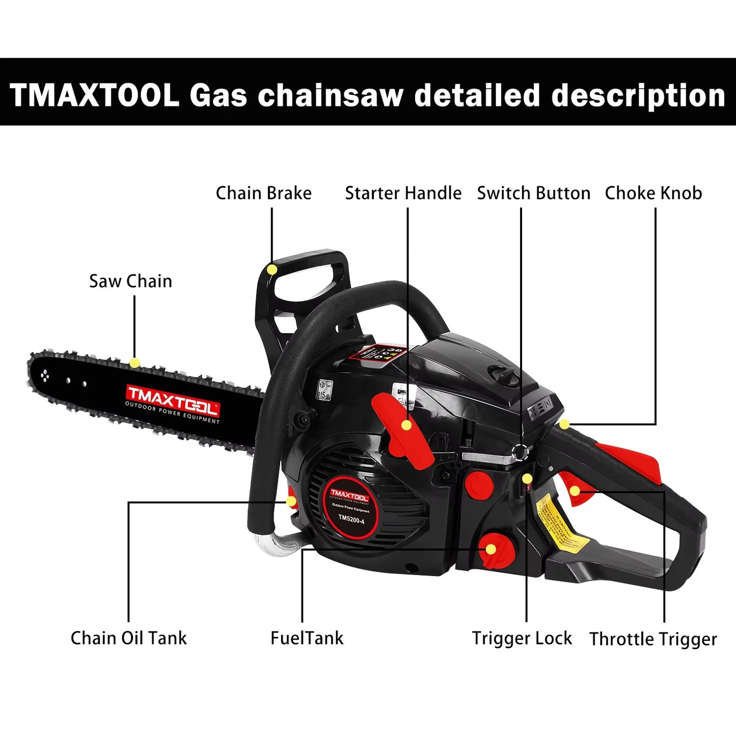 TMAXTOOL 62cc 2-Stroke Gas Chainsaw | 20" Guide Bar, Anti-Vibration Handle, Pruning & Sawmill, Black