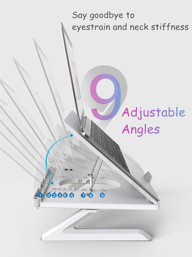 Foldable Adjustable Laptop Stand | 9 Angles | 17" | 20KG | Heat Dissipation | Phone Holder | Black & White