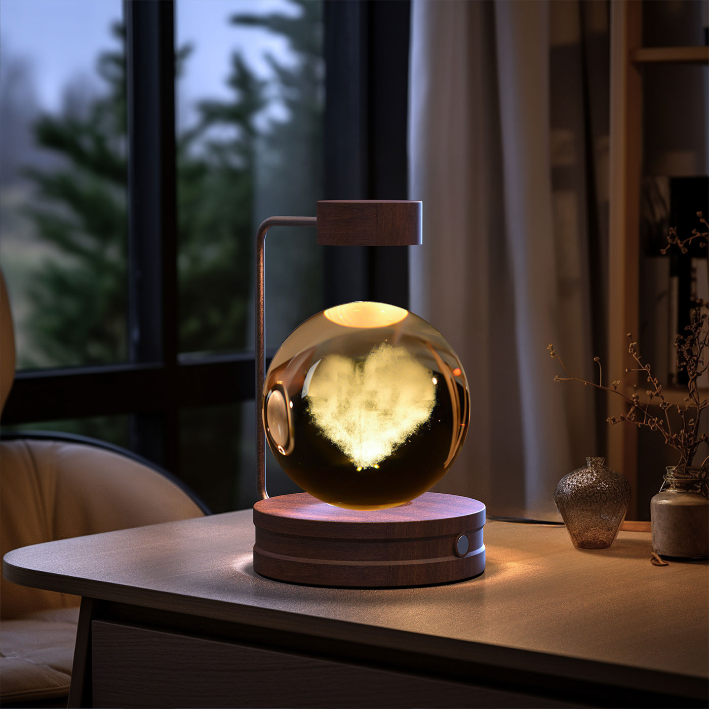 3D Crystal Glass LED Night Light | Touch Switch | USB Rechargeable | Walnut Wood Base | 27 Designs | Dark & Light Wood | Bedroom, Gift & Home Decor