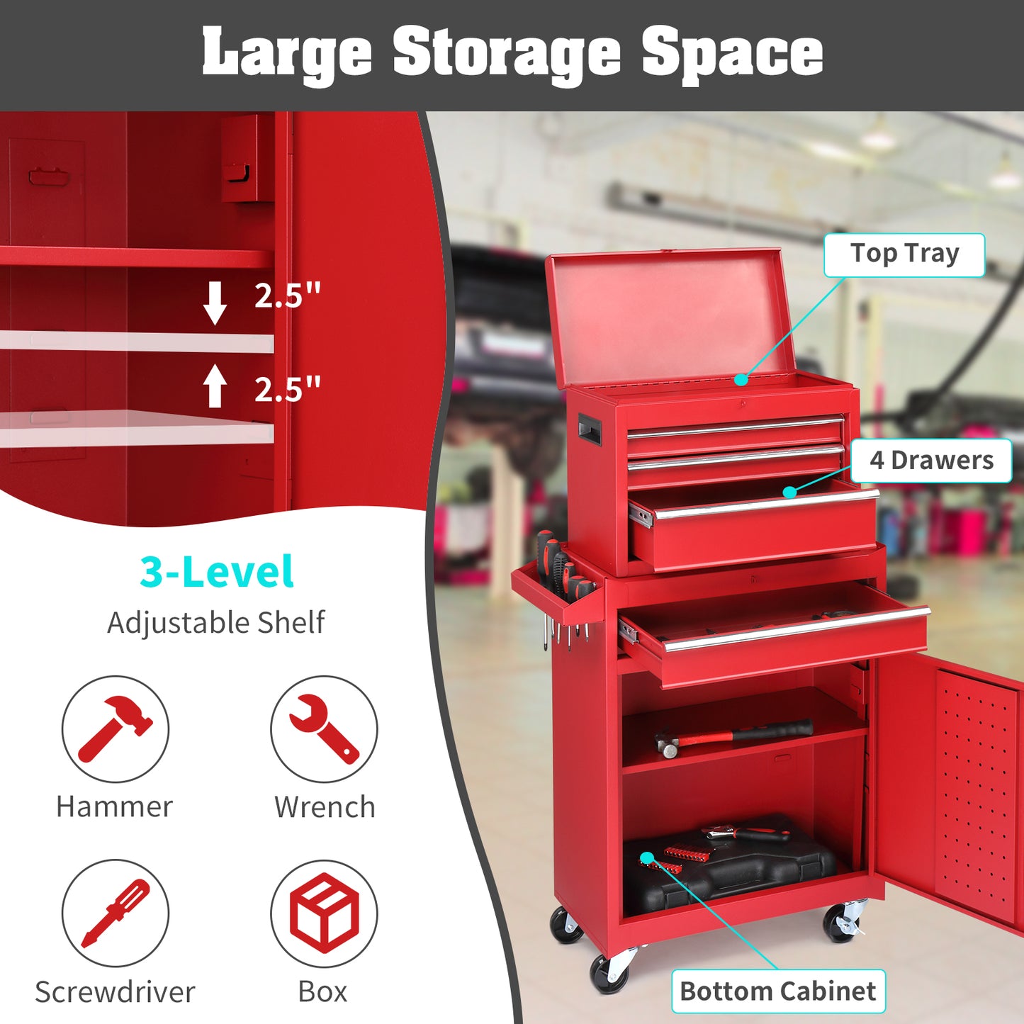 4-Drawer Lockable Steel Tool Cart & Cabinet Combo | 330 lbs, Rolling, 102cm Combined Height, Red