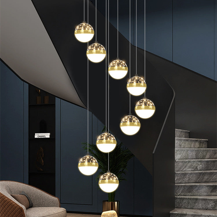 D6468 Nordic Minimalist LED Staircase Chandelier | Iron & PMMA, 5000K, Tricolor Dimming, 6-68 Heads, 111-240V