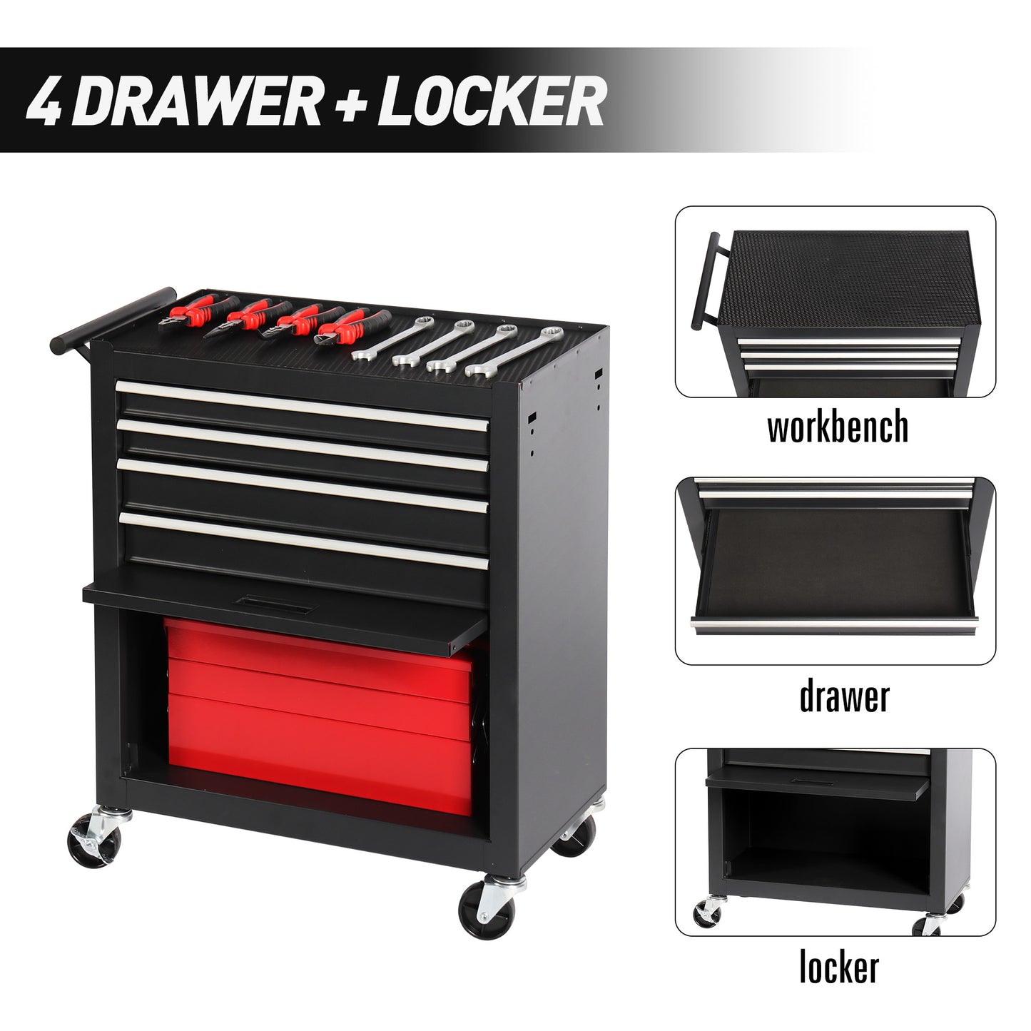 4-Drawer Rolling Tool Cart | Cold-Rolled Steel, 4 Casters, Ball-Bearing Drawers, Garage & Workshop, Black