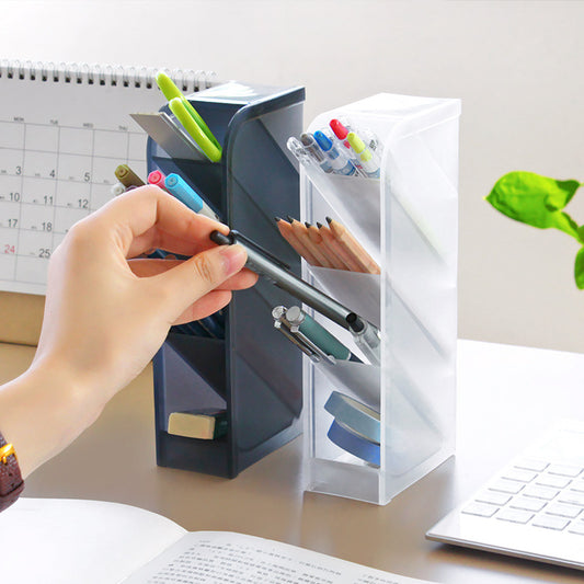 Desk Pen Holder & Stationery Organiser | Cylinder & Divided Grid | Study Desk Storage | Bookshelf Decor