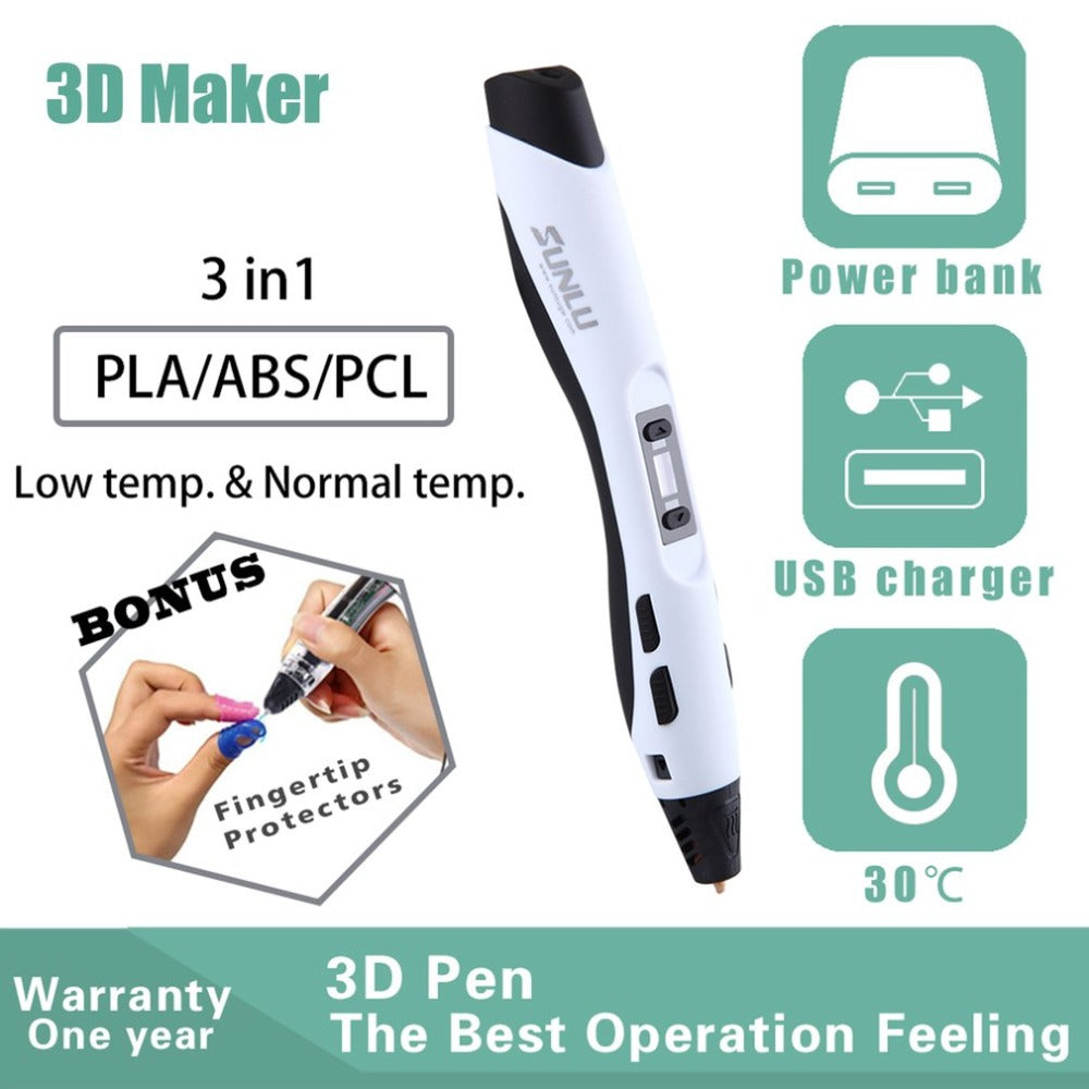 3D Printing Pen | 3D Drawing & Graffiti | EU, UK & USA Plug | 18cm | Black, Blue, Green & White