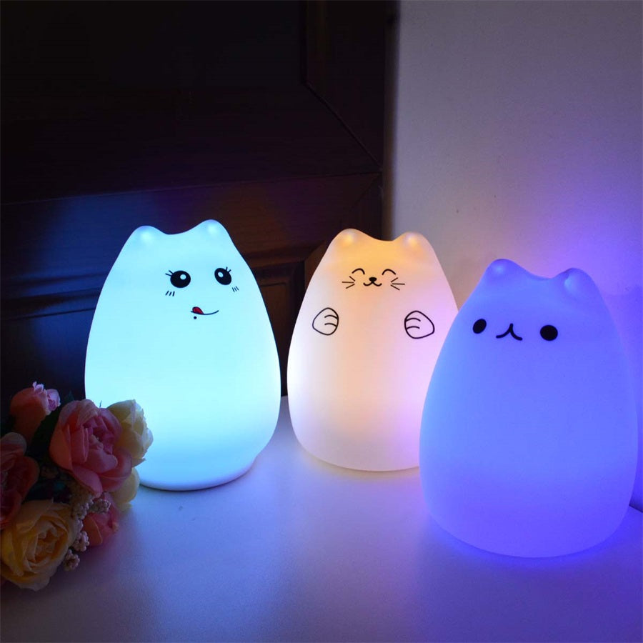 Cat-Shaped Silicone LED Night Light | Touch Sensor | 7-Colour Changing | 15hr Battery | USB & Battery | Kids, Bedroom & Gifting