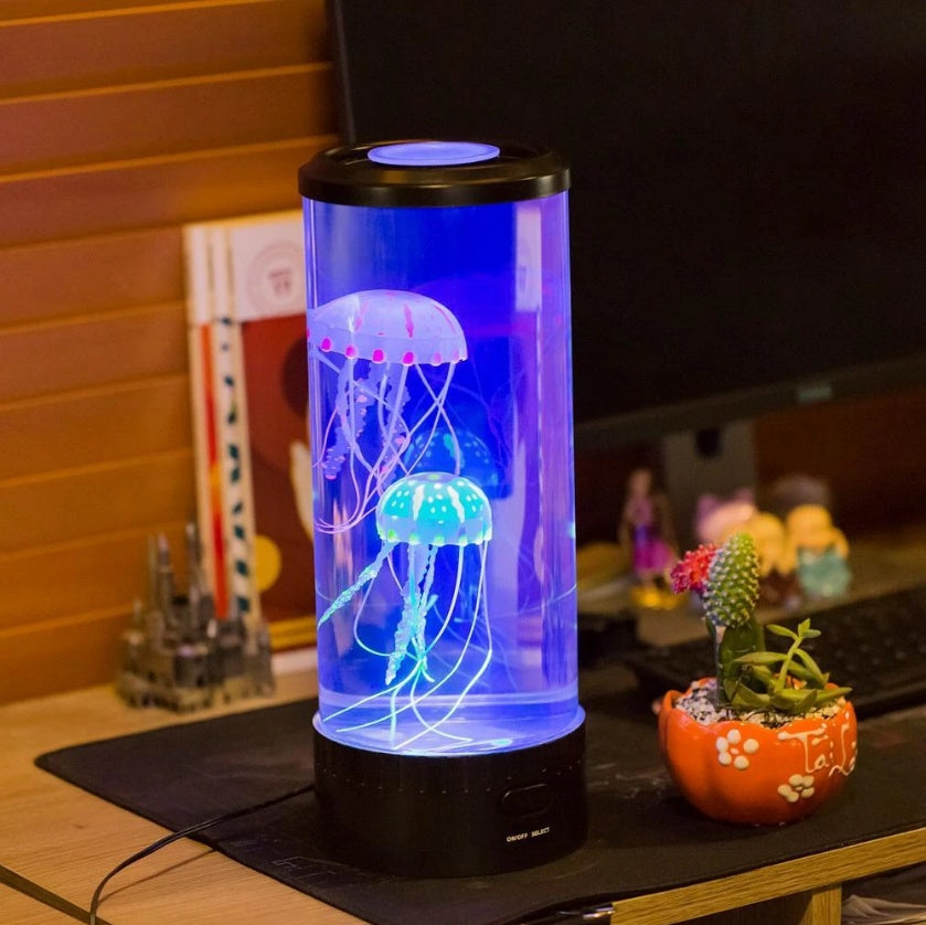 LED Volcanic Eruption Jellyfish Aquarium Lamp | USB & Battery | Colour-Changing LED | 105×105×280mm | Floating Volcanic Beads | Bedroom, Office & Living Room Night Light