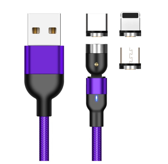Essager 540° Rotating Magnetic Charging Cable | 5V/2.4A Fast Charge | LED Indicator | Nylon Braided | USB-C, Lightning & Micro USB | 1m & 2m | Black, Purple & Red