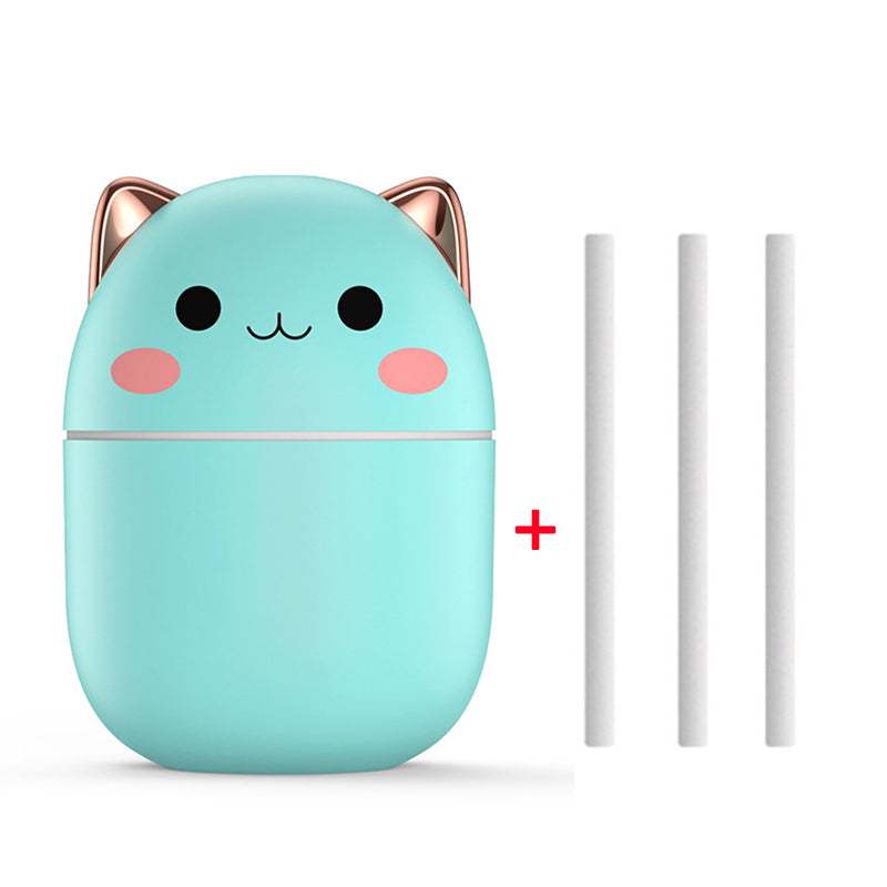 Cute Cat Mini USB Humidifier & Aroma Diffuser | Ultra-Silent | Cool Mist | LED | Electroplated ABS | Green, Pink & White