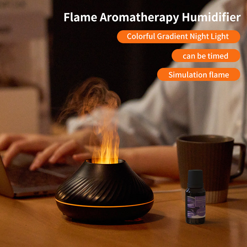 3D RGB Flame Aroma Diffuser & Humidifier | 130ml | 15–20ml/h | 6–9hr | Type-C | Auto Shut-Off | CE/RoHS/FCC | Essential Oil Compatible | Black & White | Bedroom & Office