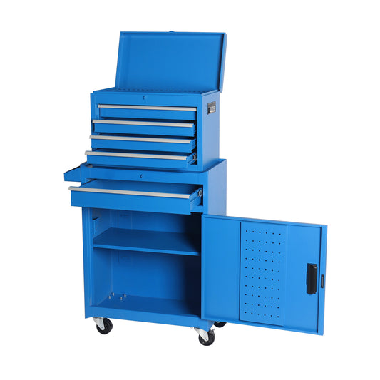 5-Drawer Rolling Tool Chest | Detachable Top Box, Lockable Wheels, Drawer Liner, Adjustable Shelf, Blue