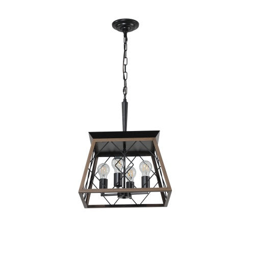 Farmhouse Vintage Antique Iron 4-Light Chandelier | Walnut & Black, Adjustable Chain, E26, 15.7" x 15.7", No Bulb