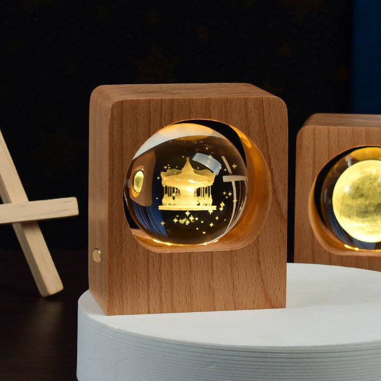 3D Laser-Engraved Crystal Ball Night Light | 6cm | Beech Base | USB & Built-In Battery | Stepless Dimming | Touch Switch | 8 Designs | Bedroom, Desk & Gift Decor